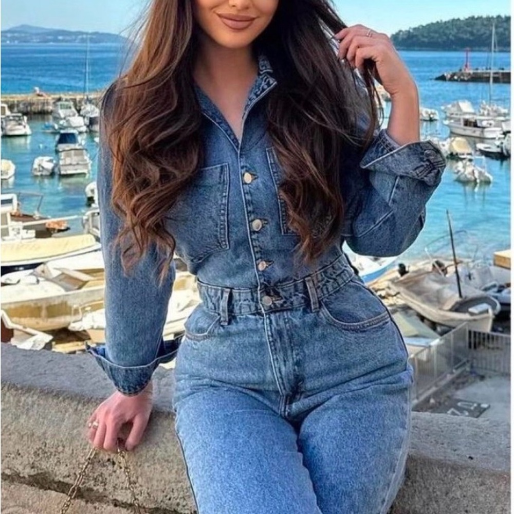 Zara Indigo Denim Womens Button-Front Overalls
